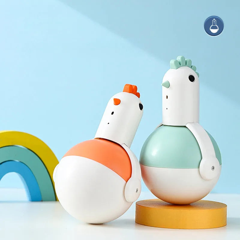 Green and orange electric cat toy chicken with infrared sensor and self-balancing base.