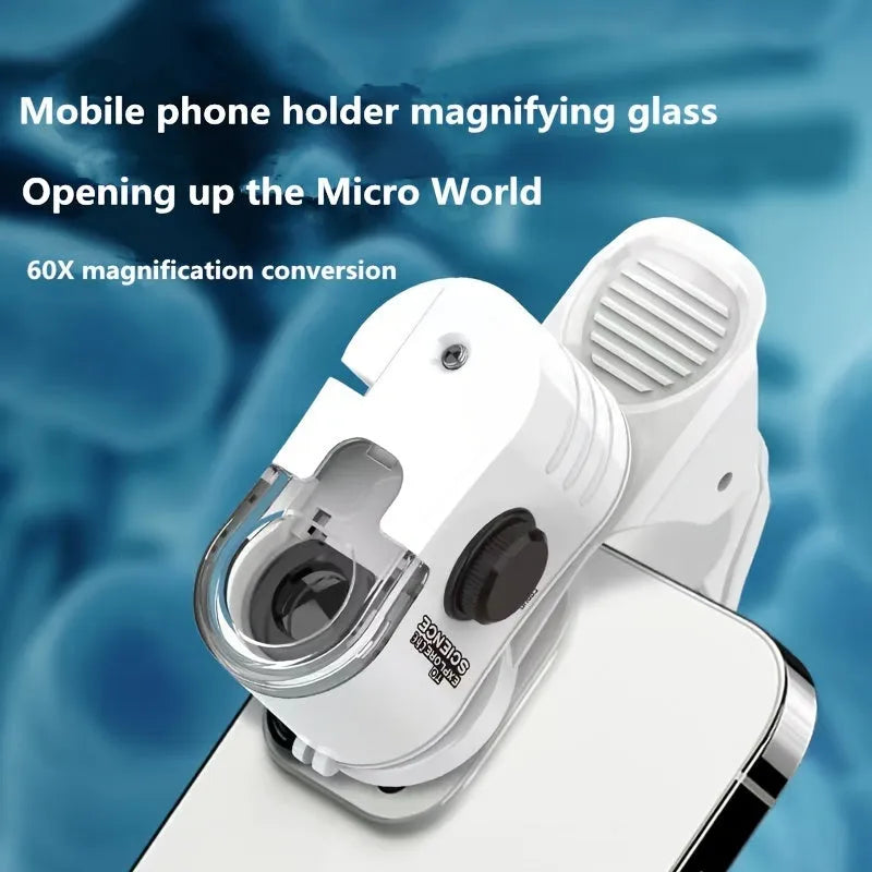 Mini mobile phone microscope with clip-on adapter showing 60x magnification capability