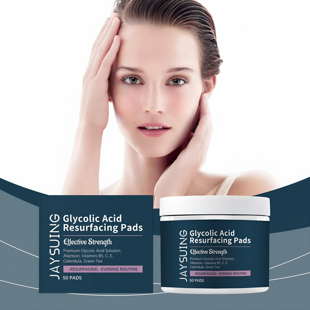 Pack of 50 glycolic acid exfoliating and moisturising cotton facial treatment pads.