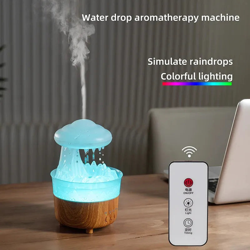 Wood grain rain cloud shaped humidifier diffuser with coloured LED light and water droplet sound.