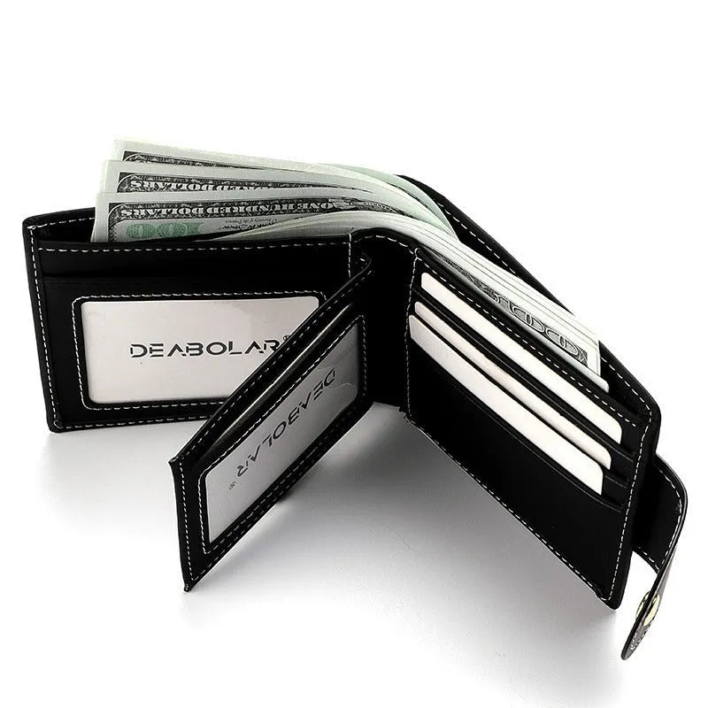 Black men's short wallet with animal pattern design, multiple card slots and zipper closure