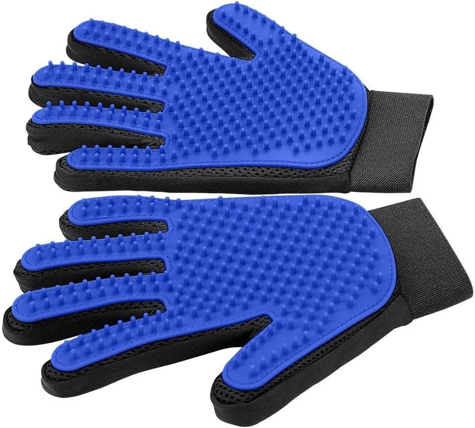Blue pet grooming gloves with silicone tips for gentle shedding removal on dogs and cats