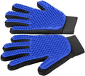 Blue pet grooming gloves with silicone tips for gentle shedding removal on dogs and cats