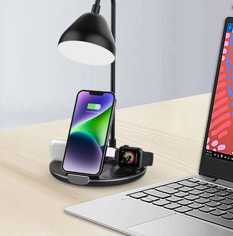 Black and white magnetic folding wireless charger shown open for charging and folded for storage.