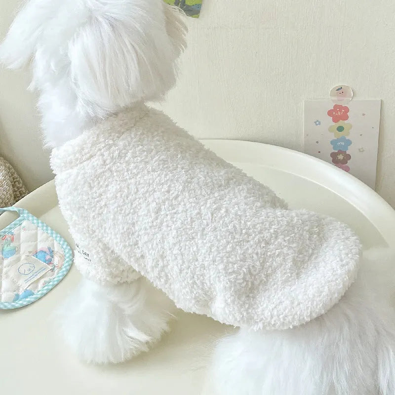 Brown double-sided cloud velvet dog coat with fluffy texture and elastic openings on a small dog.