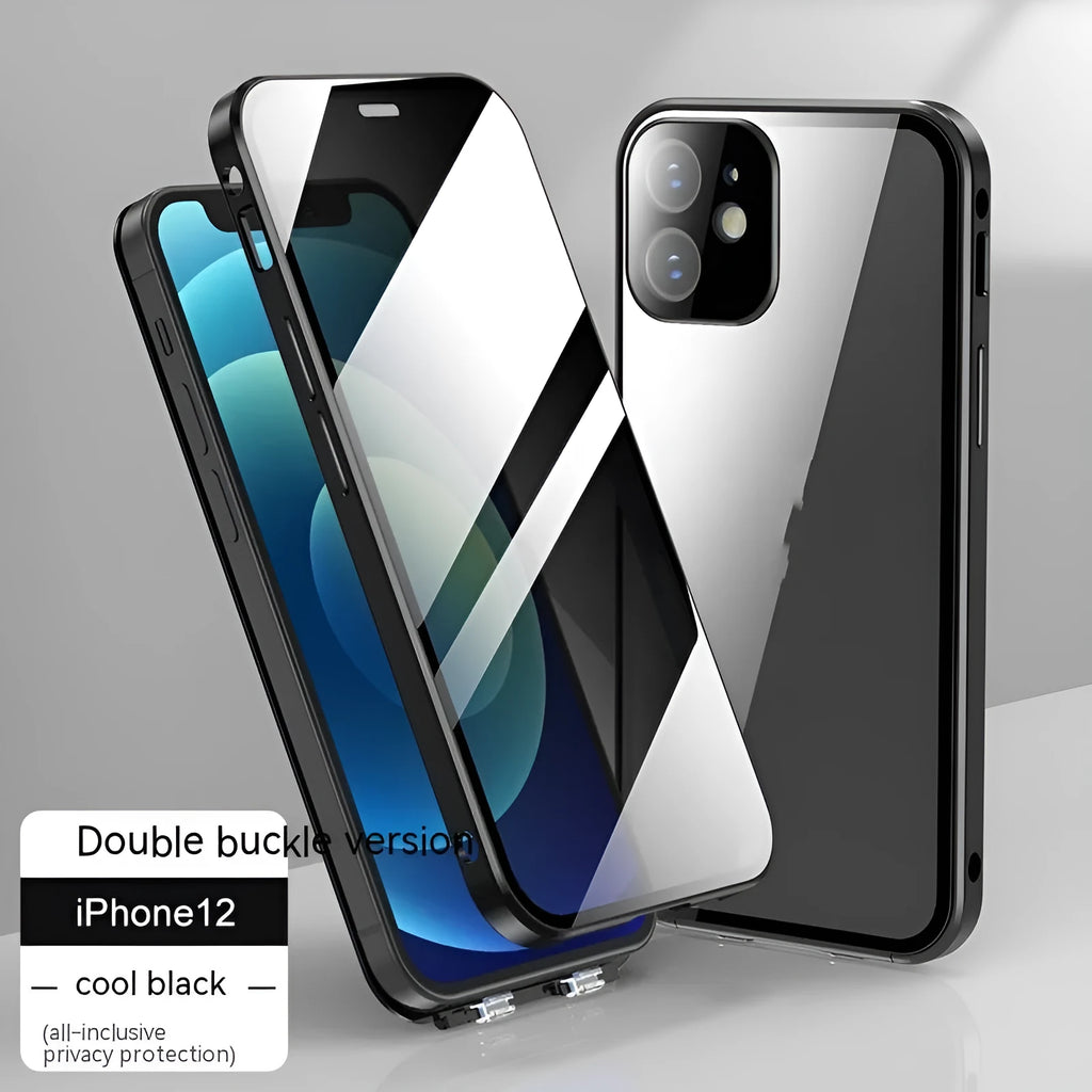 iPhone privacy glass case with double-sided buckle in multiple colour options