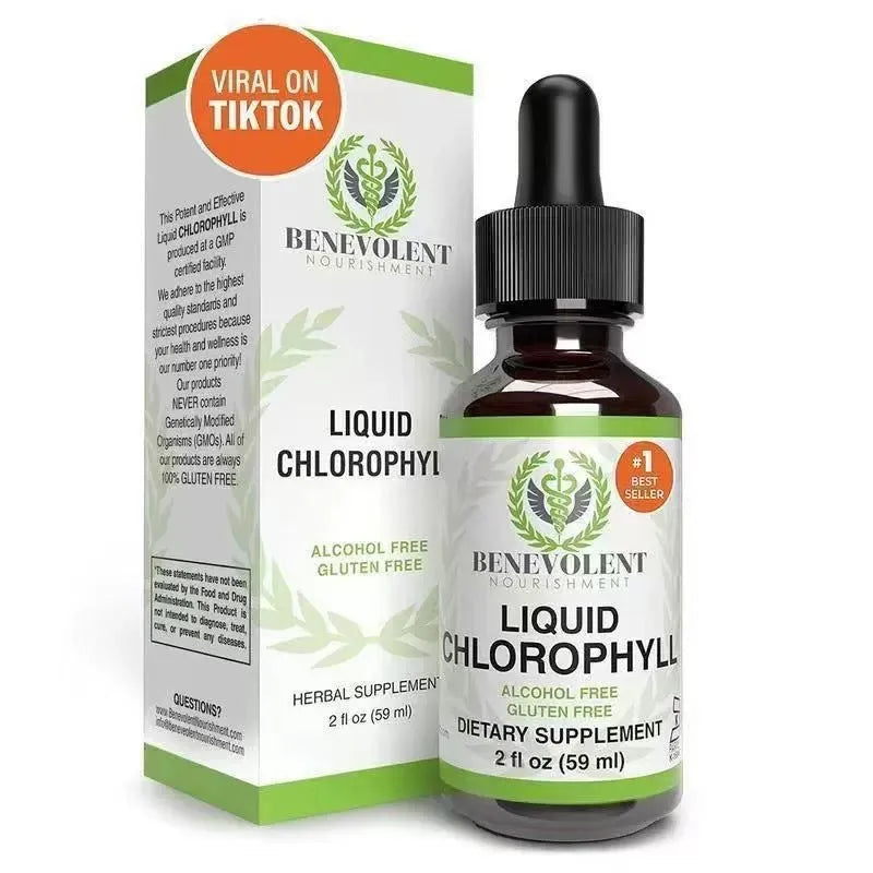 60ml glass dropper bottle of liquid chlorophyll drops with integrated 1ml measuring dropper