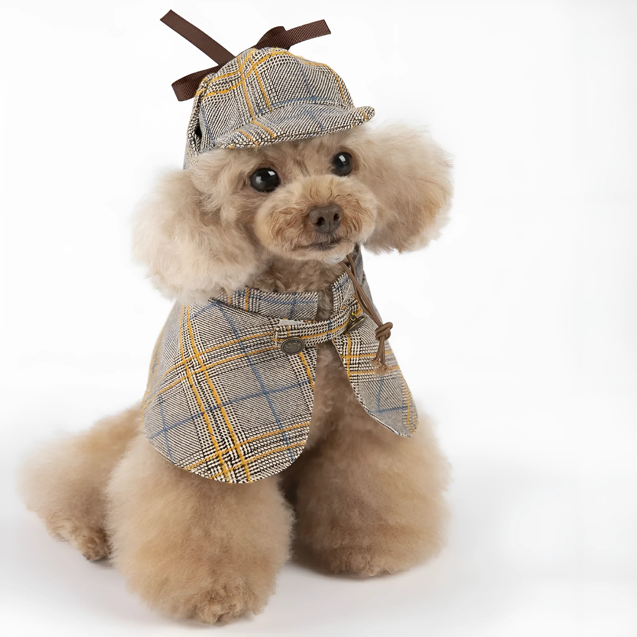 Camel-coloured cotton pet cloak with adjustable hat in detective suit style