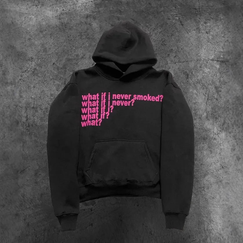 Man's black hooded sweater with a white letter print design on the front.