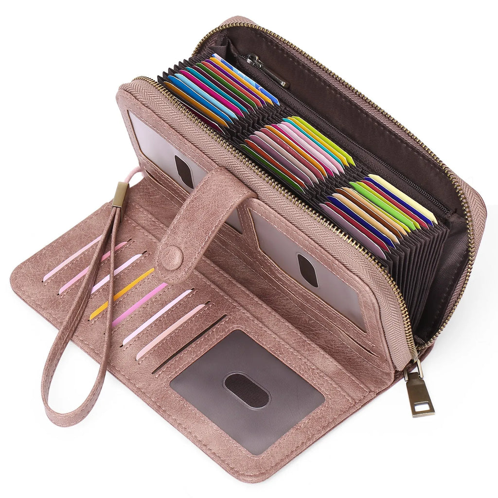 Women's expanding card holder wallet in light brown showing multiple card slots and passport sleeve