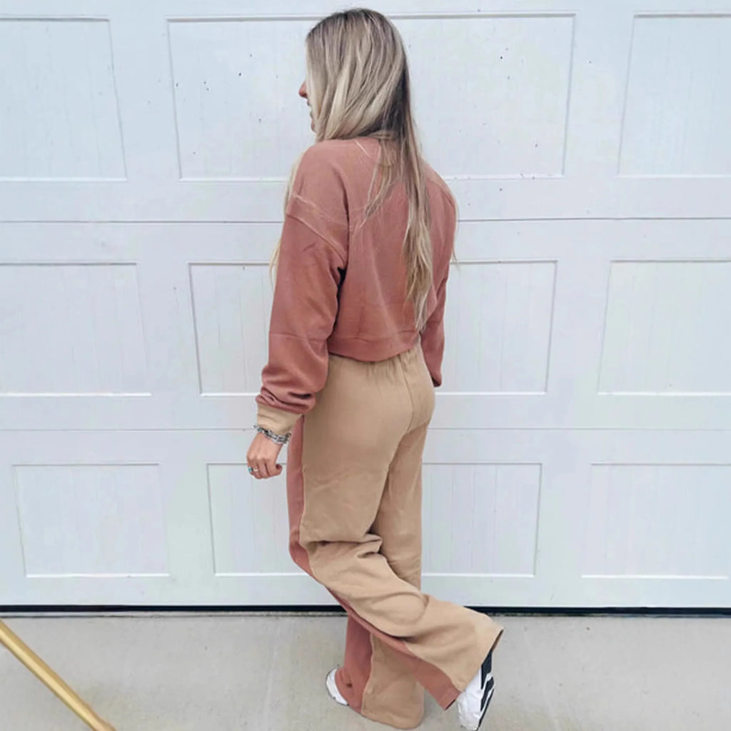 Women's camel-coloured cotton sports and leisure matching suit with top and trousers
