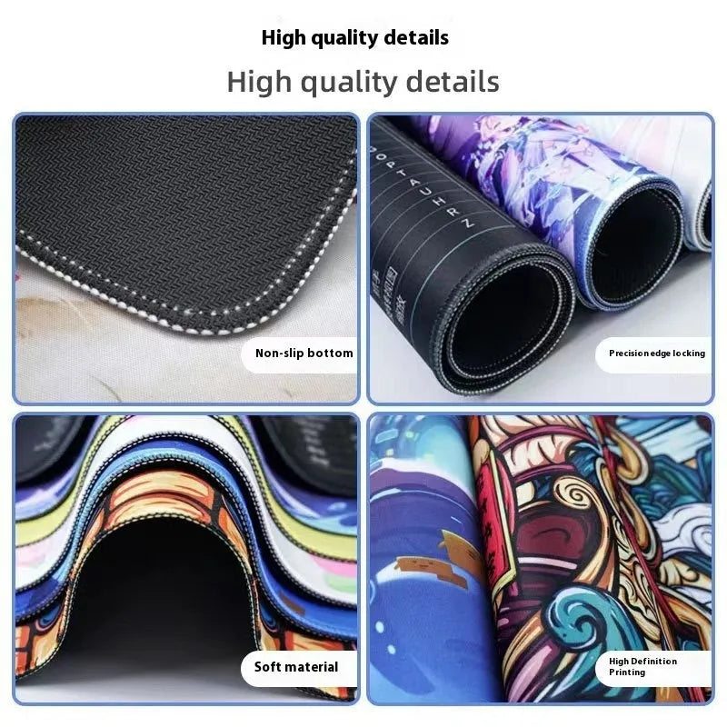 Anime pattern gaming mouse pad with non-slip rubber base in multiple size options on desk