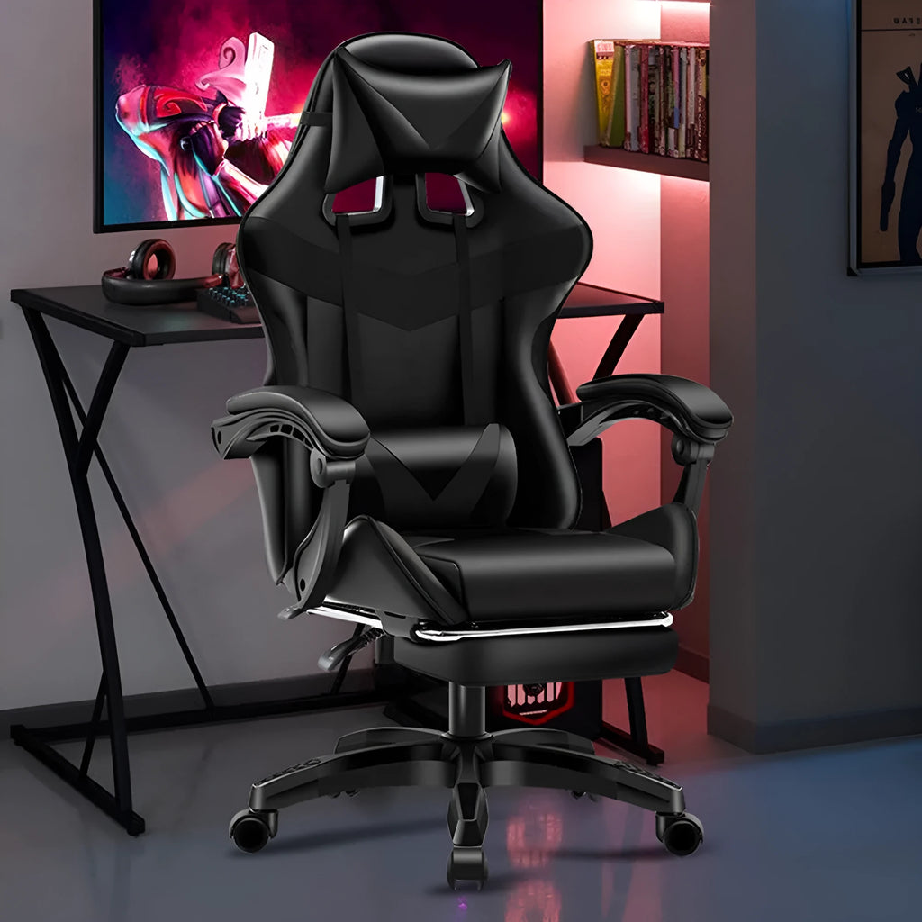 Gaming chair in black and red with footrest, showing reclining backrest and alloy frame