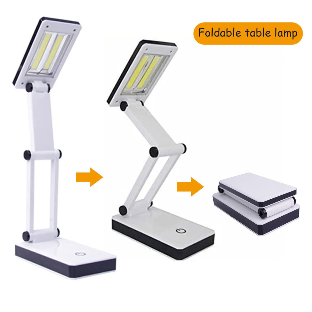 COB folding desk lamp, black and white, 120 lumens, touch dimming, USB or battery, 13.3 × 7.2 × 28 cm