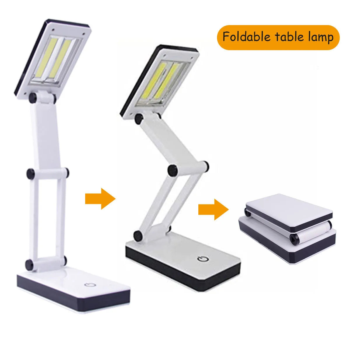 COB folding desk lamp, black and white, 120 lumens, touch dimming, USB or battery, 13.3 × 7.2 × 28 cm