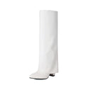Women's plus size high heel boots with 5cm heel in black, pink, and white colours showing high cylinder design and sewing line detailing