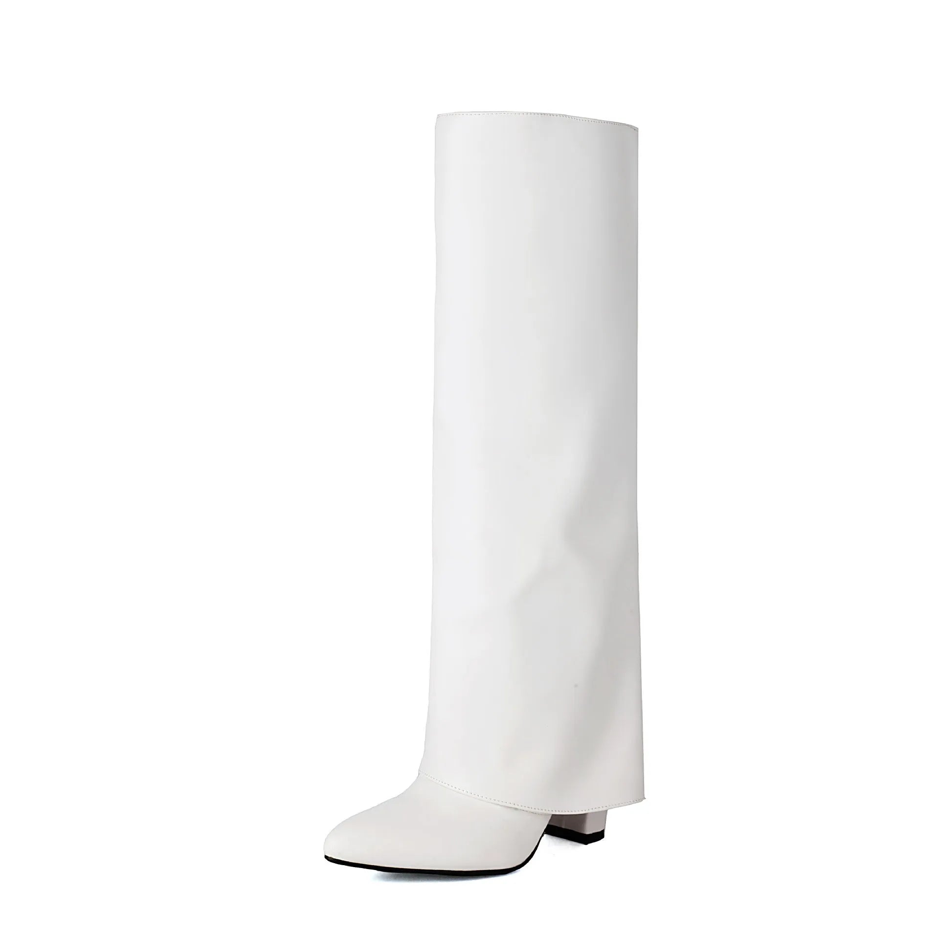 Women's plus size high heel boots with 5cm heel in black, pink, and white colours showing high cylinder design and sewing line detailing