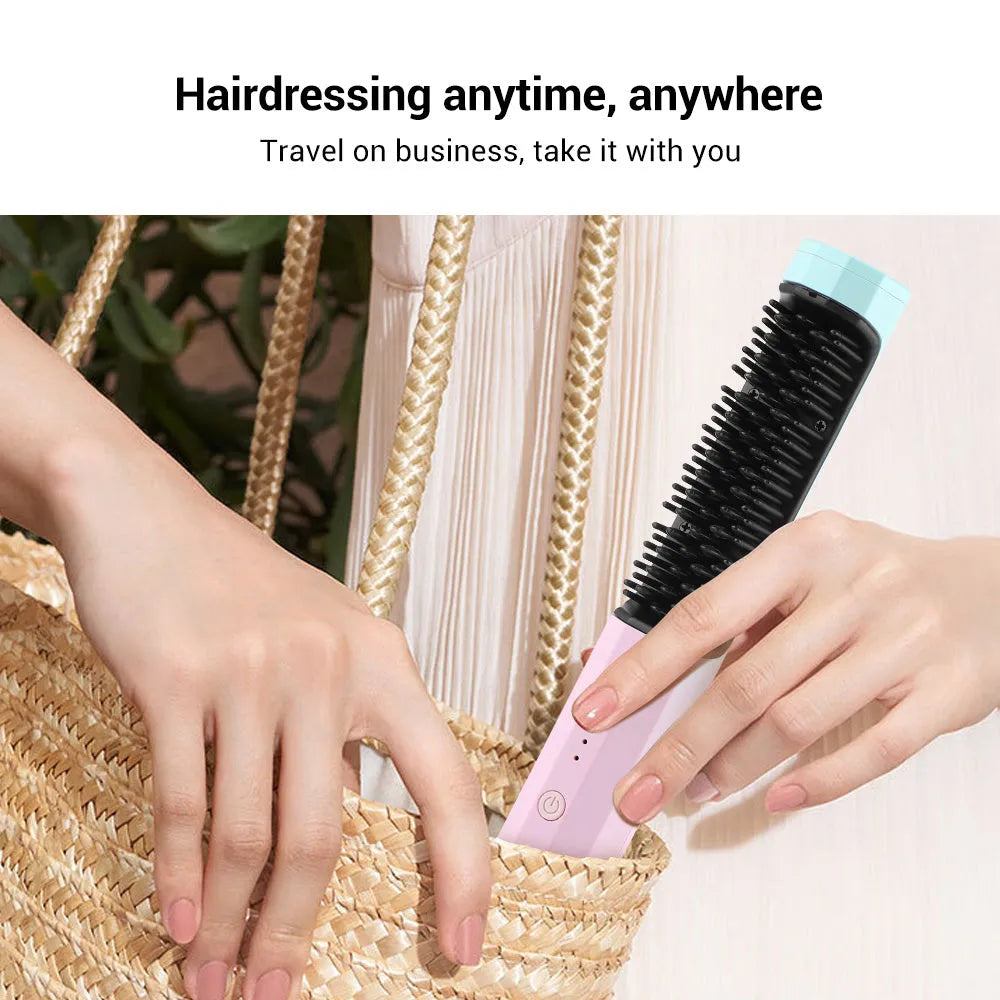 Pink wireless straightening comb with USB charging port and temperature buttons