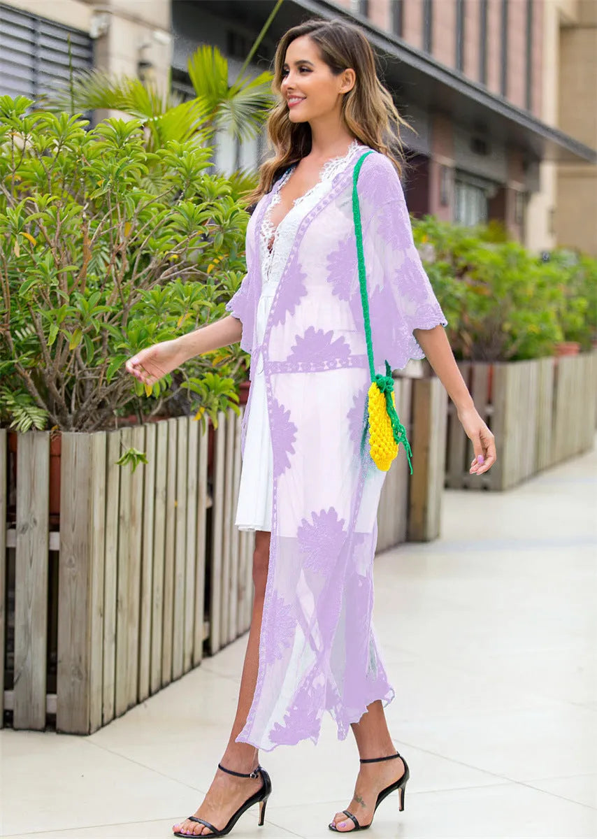 Light purple lace embroidery beach dress with cotton lining for swimming activities