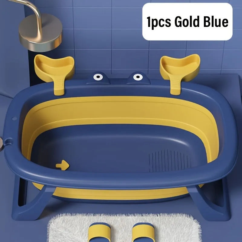 Blue foldable plastic pet bathing tub for small dogs and cats, shown in use and folded for storage.