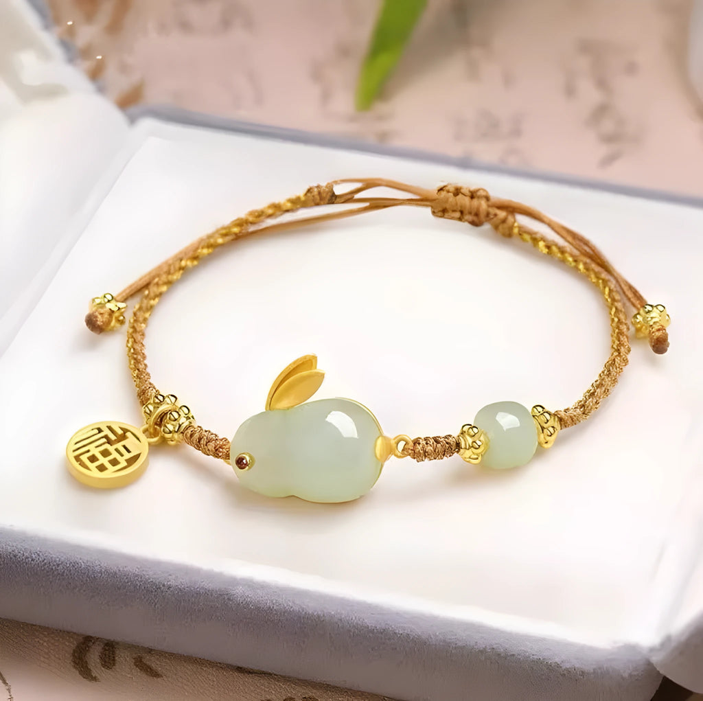 Yellow string bracelet with geometric Hetian jade rabbit charm for women