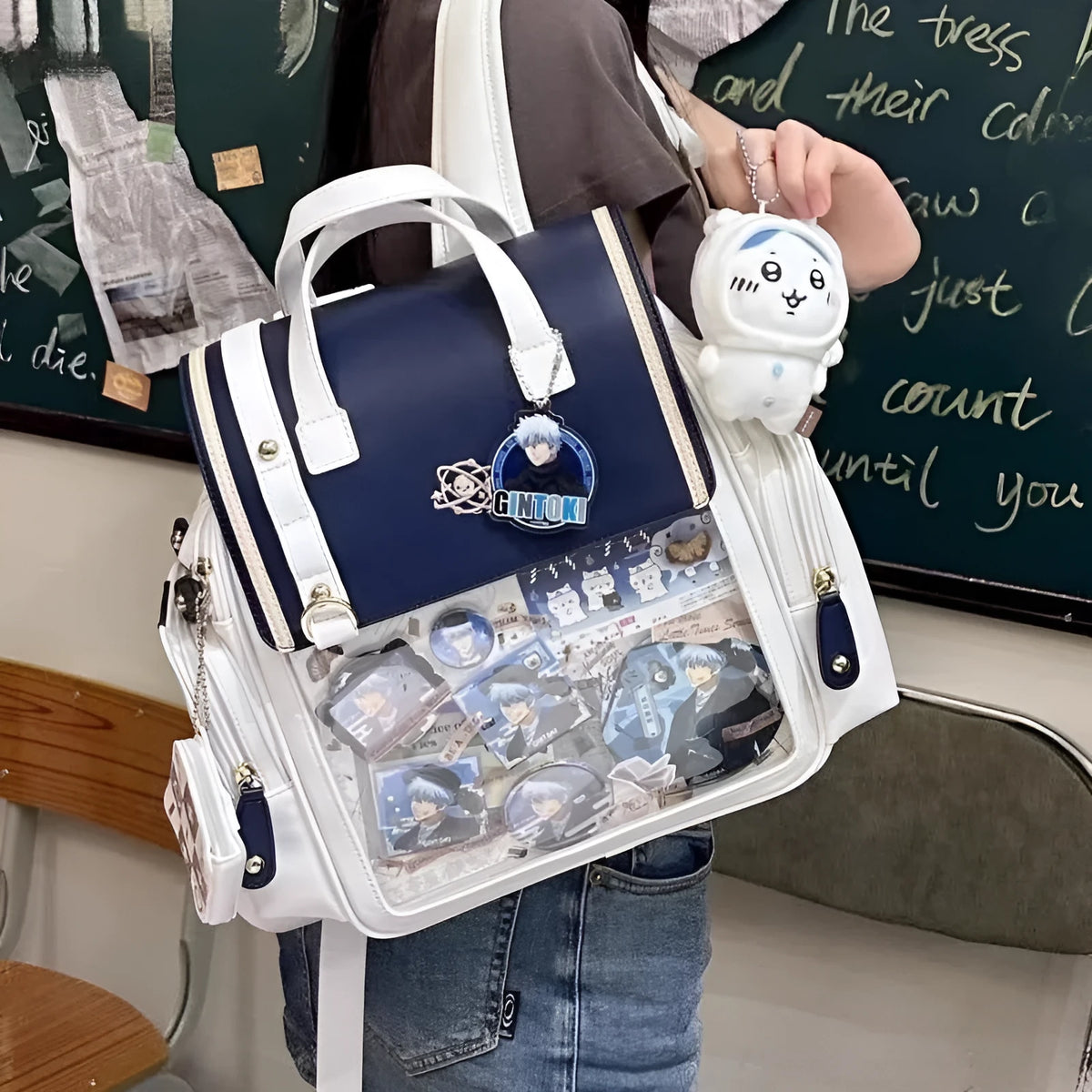 Japanese style transparent colour backpack in blue or brown with soft polyester body, sandwich pocket, and transparent rubber plate.