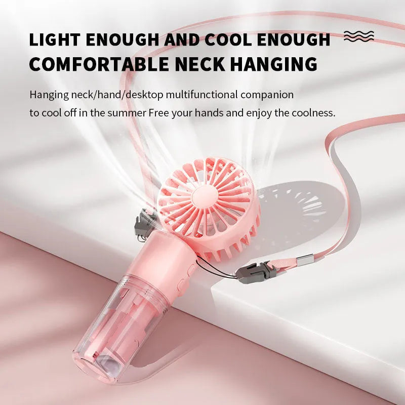 Handheld portable mist fan in various colours with transparent water tank and control button.