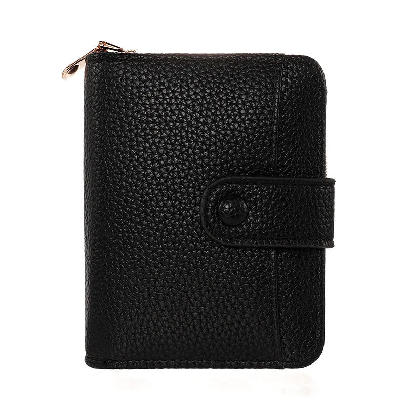 Women's lychee pattern organ short wallet in beige with sewing thread accents and antibacterial lining