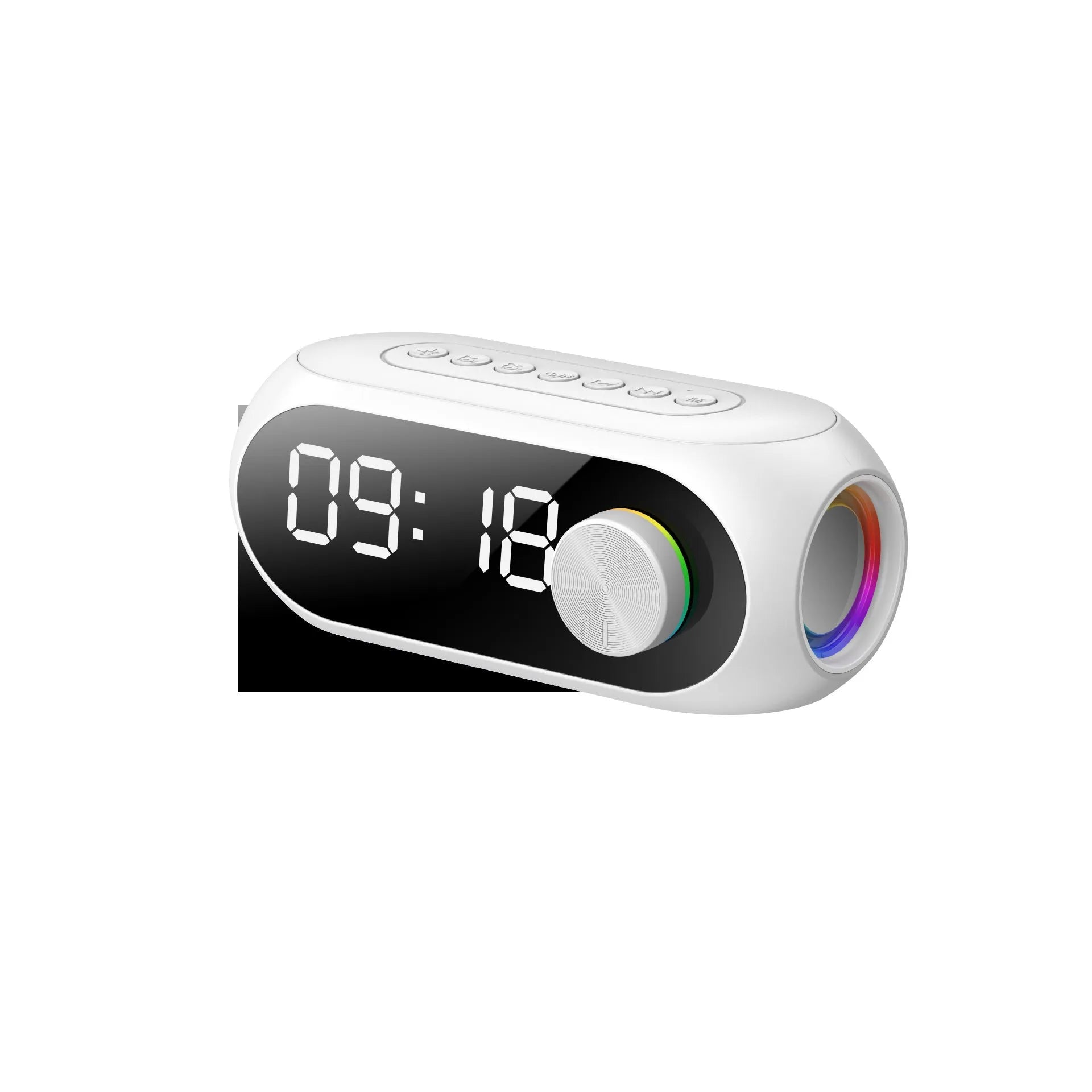 Black portable speaker with digital clock display showing time, USB cable connected, 10cm diameter size