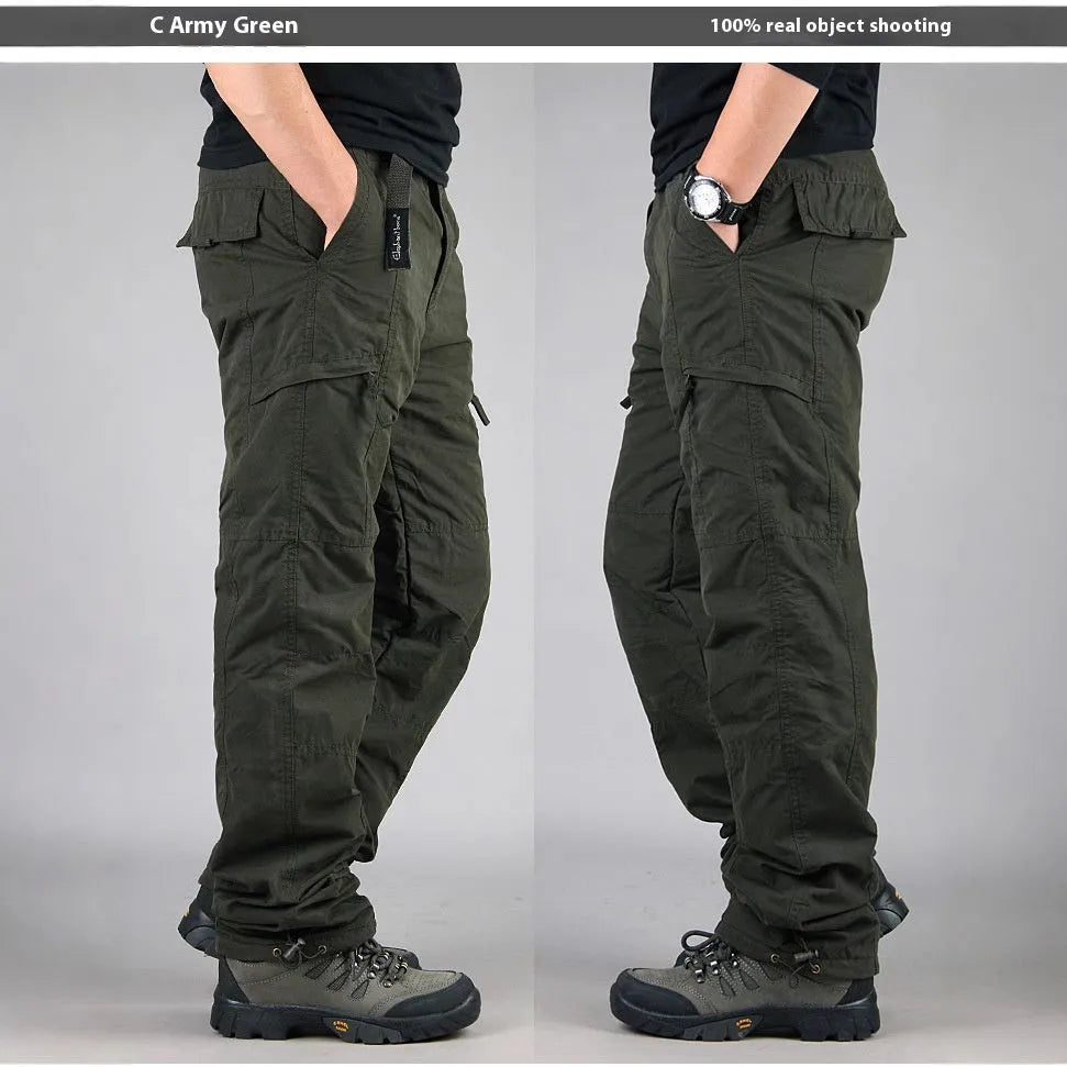 Men's stone-washed cotton overalls with wool lining in khaki, loose straight-leg fit