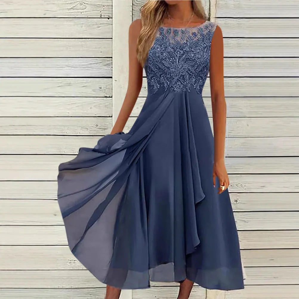 Women's sleeveless chiffon dress with hollow-out lace stitching in green, showing mid-length skirt and princess style silhouette
