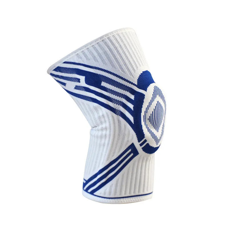 Blue elastic cotton knee pad for adults, shown on a knee for basketball or running sports.