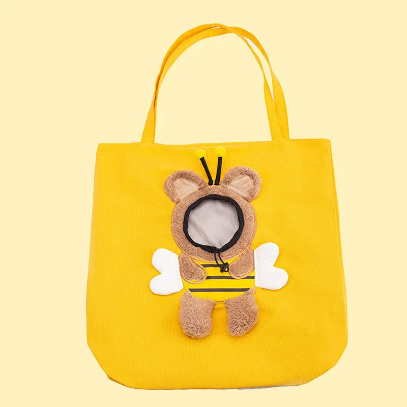 Little Bee Design canvas pet carrier shoulder bag with 3D animal pattern and side head opening