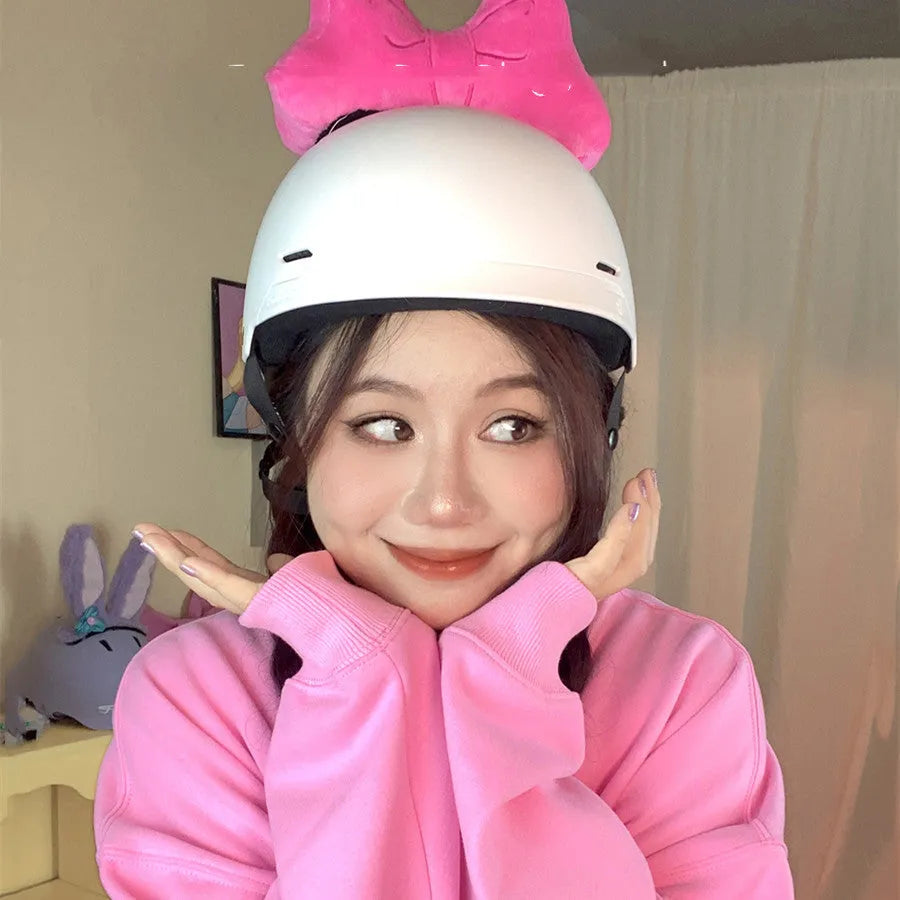 10cm plush bow helmet decoration in bright red, peach pink, and rose pink colours