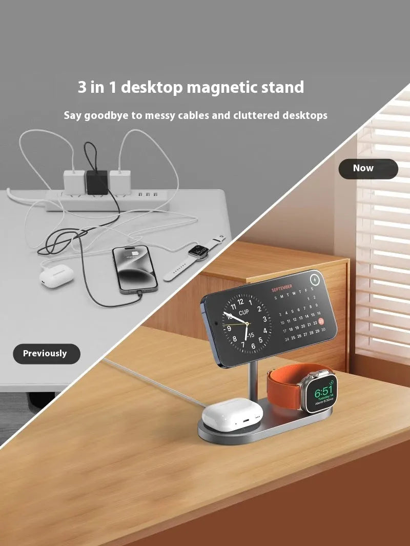 Magnetic three-in-one wireless charger in aluminium alloy with magnetic suction fixing, shown in carbon fibre, grain, gray, or silver