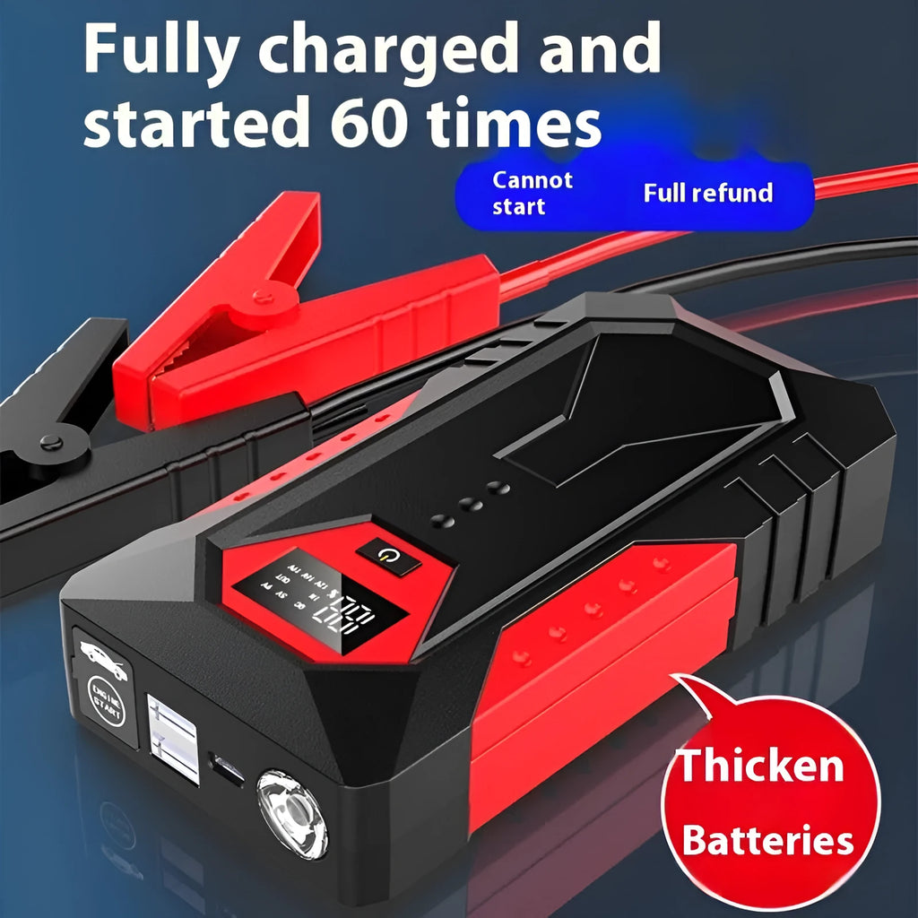 Red 12V car emergency jump starter power bank with battery clamps and 18800mAh capacity