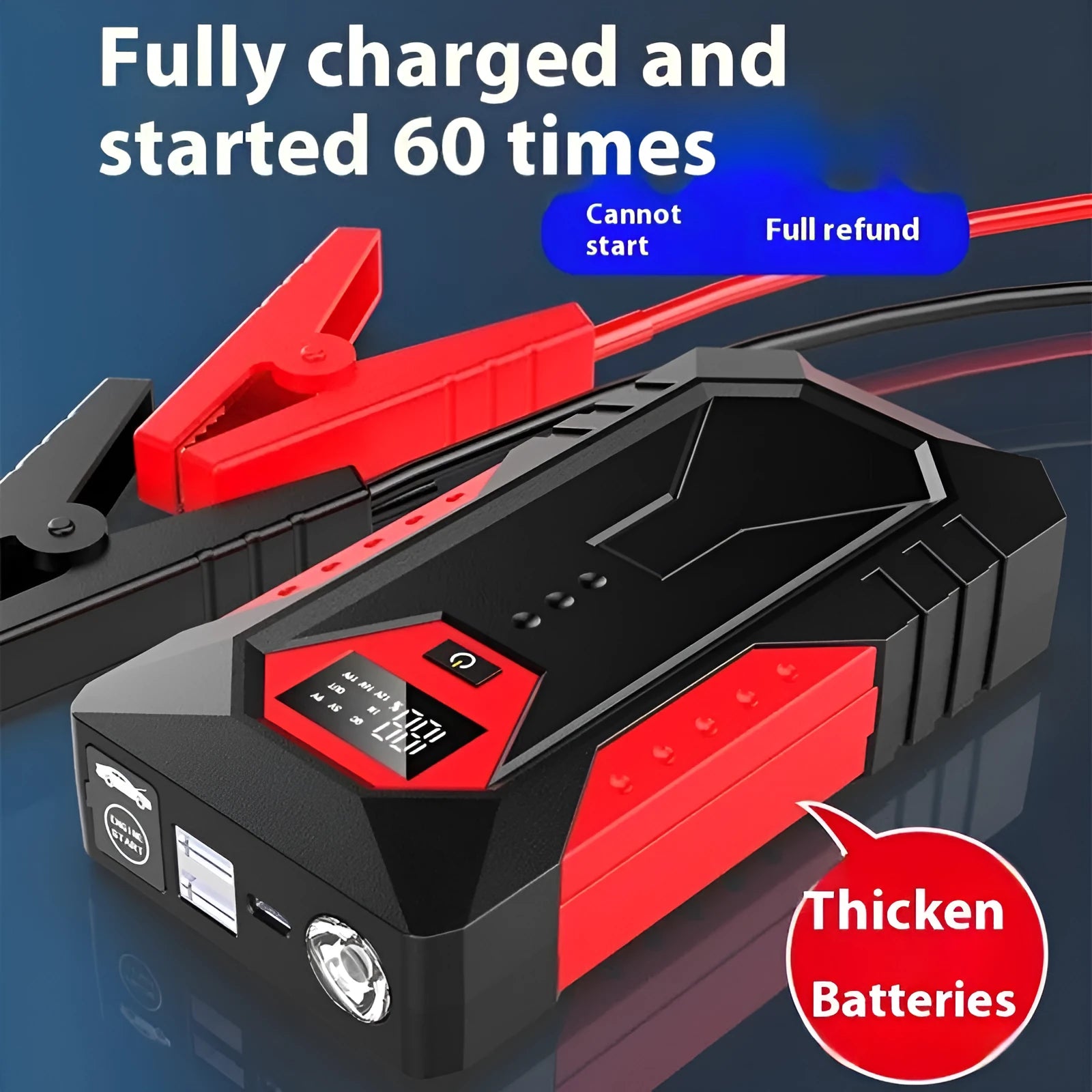 Red 12V car emergency jump starter power bank with battery clamps and 18800mAh capacity