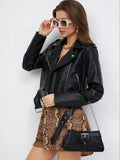 Black women's imitation leather locomotive jacket with regular sleeves on size chart background