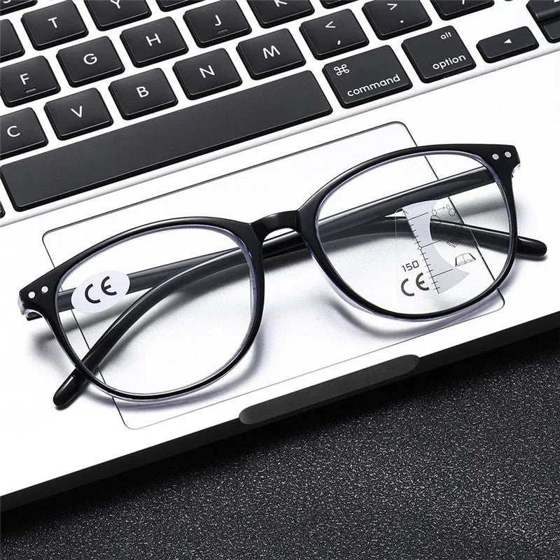 Women's presbyopic glasses with ultra-light frame, adjustable nose pads, available in black with blue focus and other colour options
