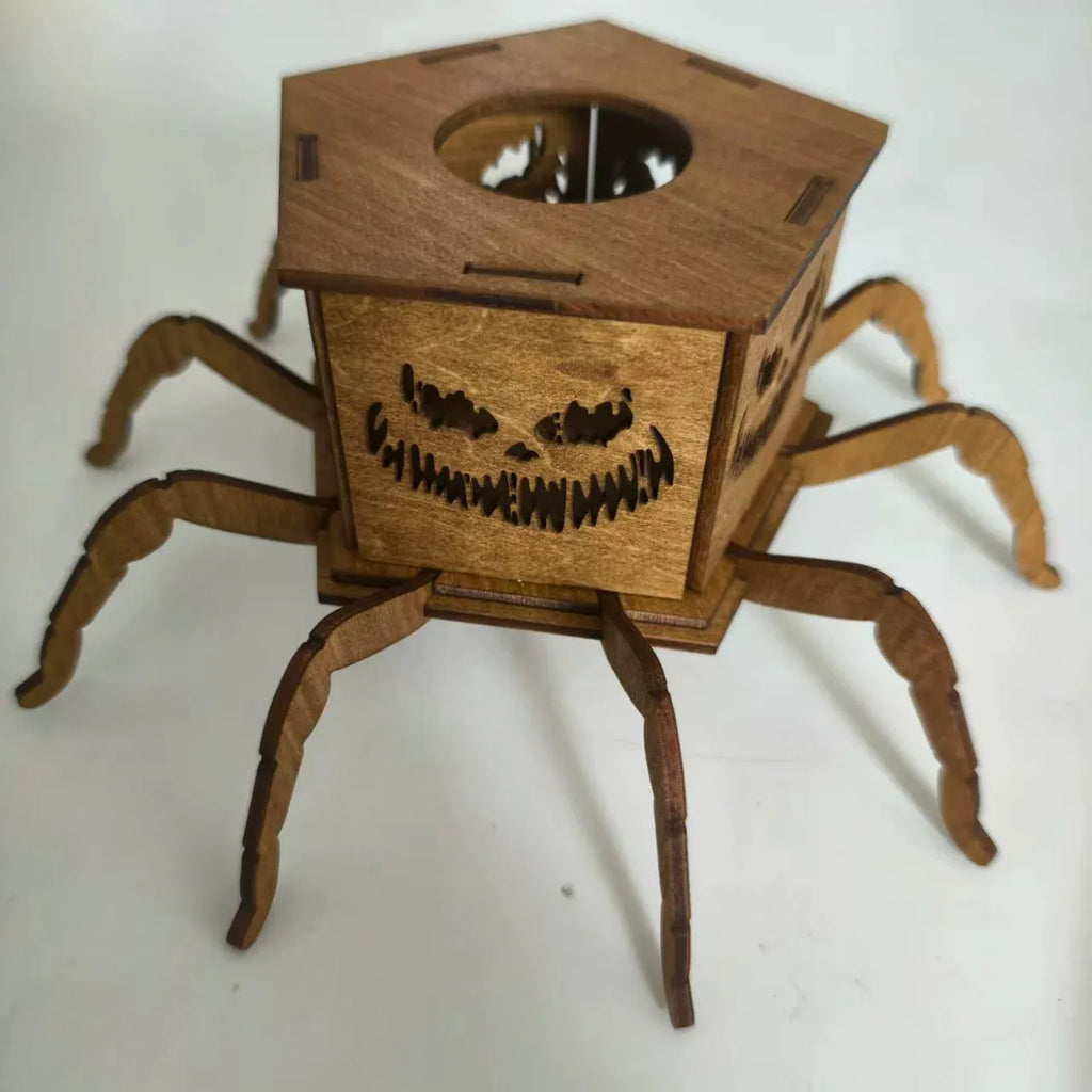 Wooden spider silhouette candlestick measuring 21cm tall with 8.5cm base for Halloween decorations