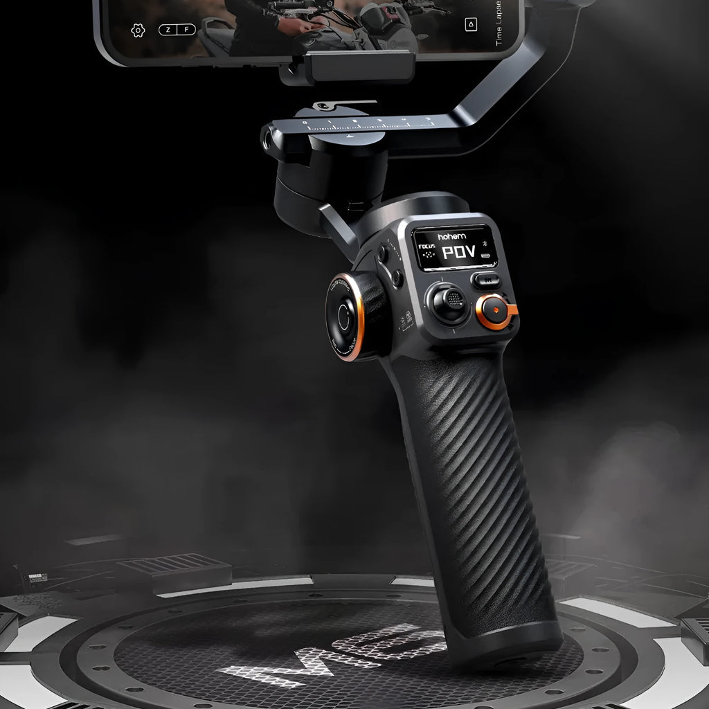Black three-axis stabiliser with magnetic AI fill light attached to smartphone