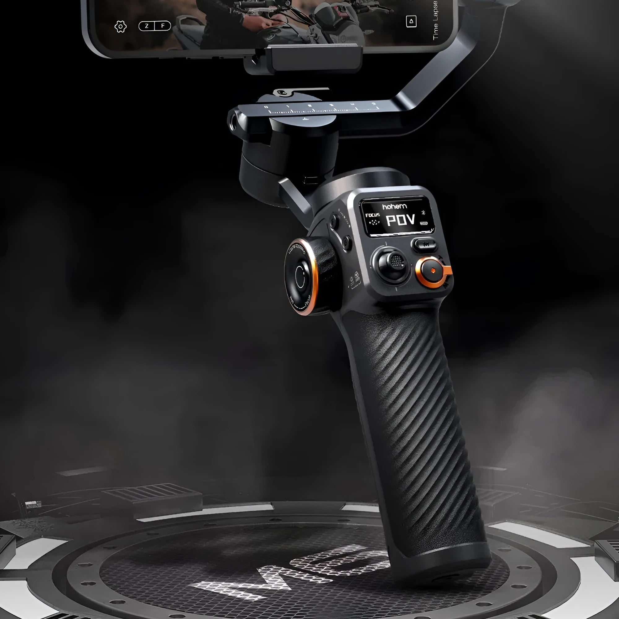 Black three-axis stabiliser with magnetic AI fill light attached to smartphone