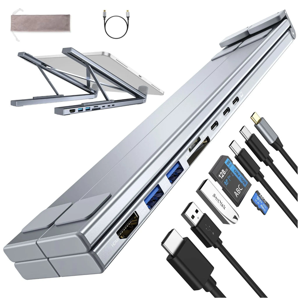 Aluminium alloy folding laptop docking station stand with 8 ports including HDMI, showing 24.75cm width and collapsed position