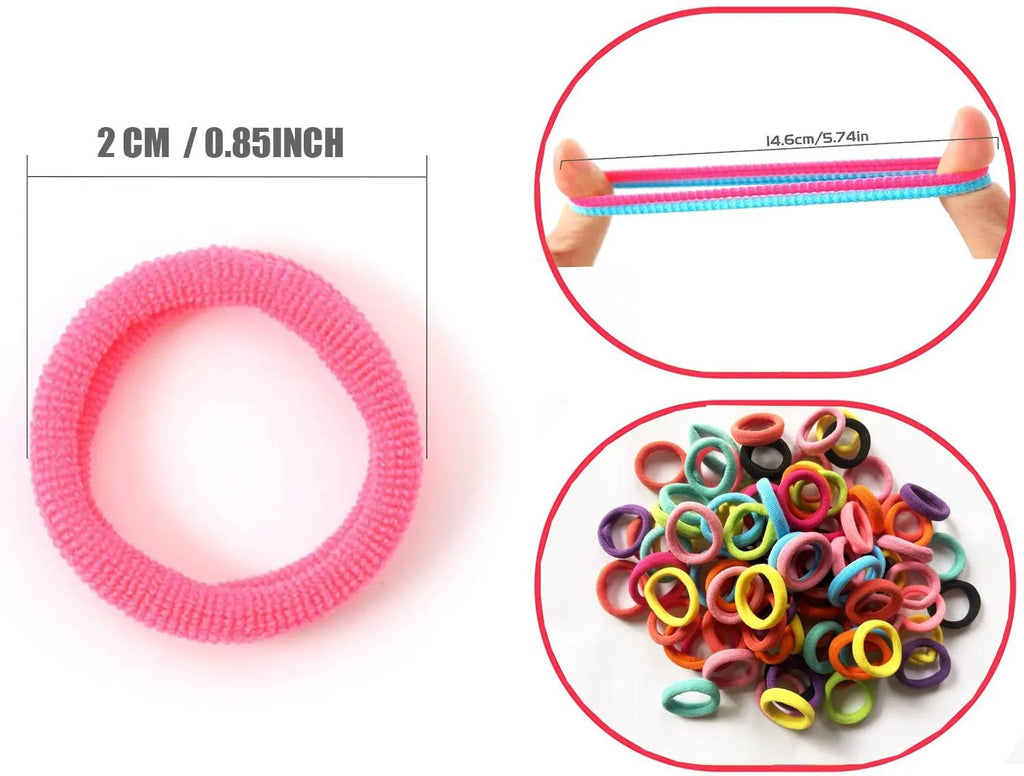 Multicoloured assortment of 100 small, seamless cotton hair ties for babies and toddlers in a jar.