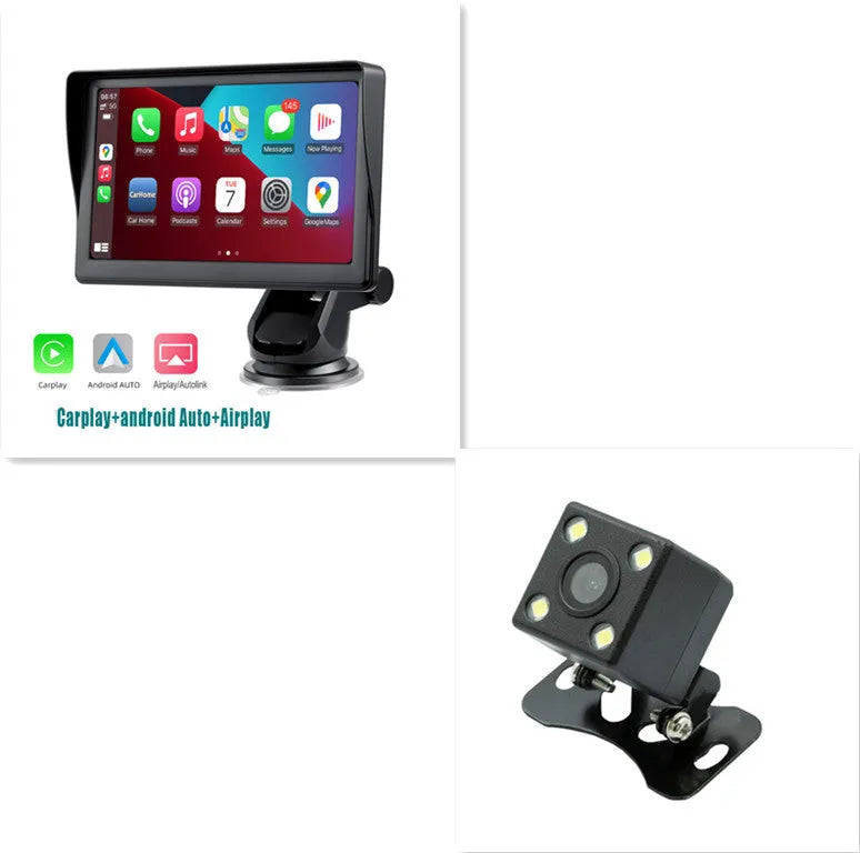 7-inch IPS car smart screen with Wireless CarPlay on windshield, showing navigation display and retractable bracket