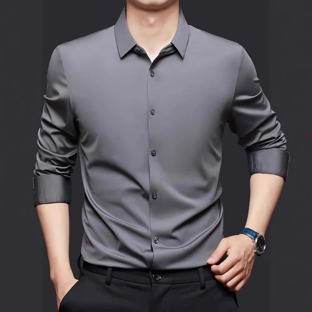 Seamless long sleeve anti-wrinkle shirt in elastic spandex fabric available in multiple colours