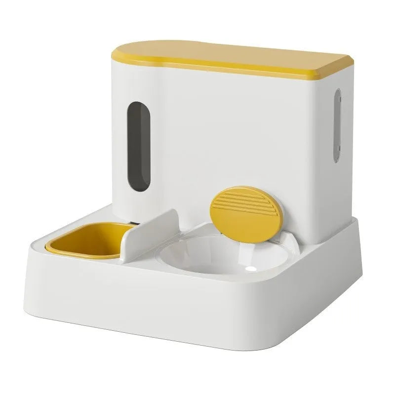 Gray automatic cat feeder with double bowl system showing food and water compartments