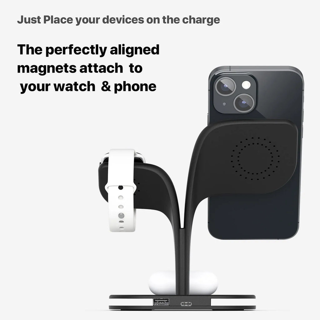 Black or white desktop wireless charging stand holding a phone, with outputs for headphones and a watch.