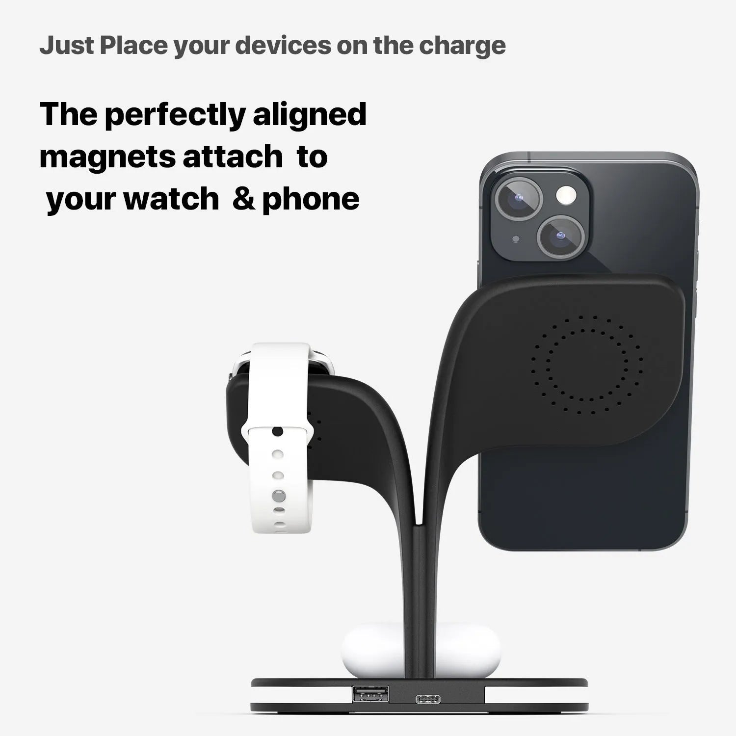 Black or white desktop wireless charging stand holding a phone, with outputs for headphones and a watch.