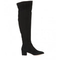 Women's grey suede over-the-knee flat boots with low heel and pointed toe on a neutral background